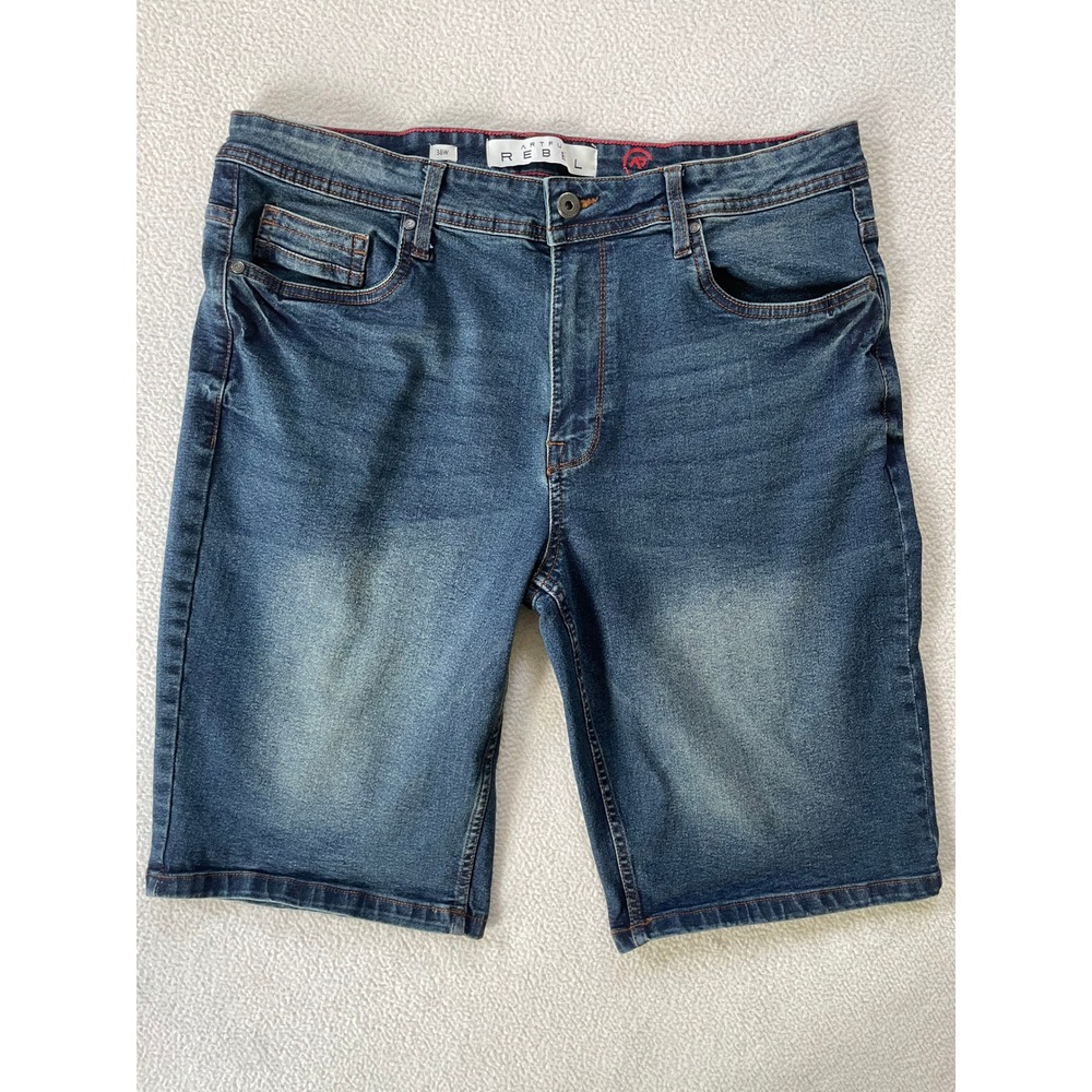 Artful Rebel Mens 38 Denim Shorts Blue Embroidered Back Pocket Medium Wash Jorts